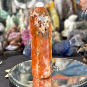 Orchid calcite & black Apaitite tower 3”1/2 w/druzy